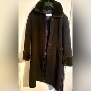 Calvin Klein Women's Dark Blue Trench Coat with Fur Accents